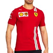Ferrari SF Leclerc Replica Tee, Color: red, Material: cotton, The 2020 Driver Tee is totally function-oriented by breathable mesh panels on side body. Fully recognizable by the white stripe print with Italian flag on as seen worn by the team during the 2020 Formula 1 season.Printed Ferrari Team and Sponsor logos Driver Signature PUMA Cat logo print regular fit