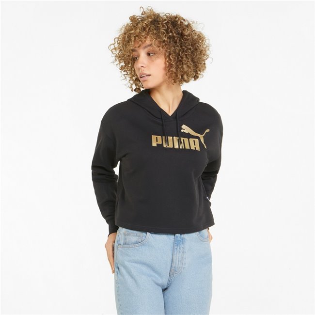 PUMA ESS+ Metallic Logo Cropped Hoodie TR women's sweatshirt, Color: black, Material: cotton, polyester